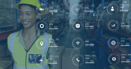 Image of digital data processing over biracial man working in warehouse