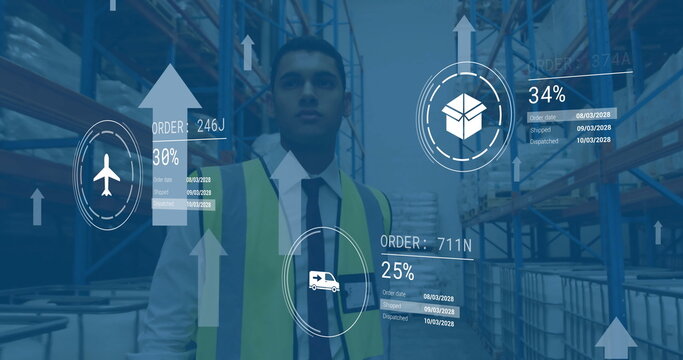 Image of digital data processing over biracial man working in warehouse - Powered by Adobe