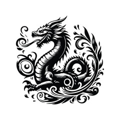 water dragon with victorian flourish decoration in black and white illustrations, cutout graphic
