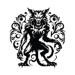 Fototapeta premium Wendigo creature with victorian flourish decoration in black and white illustrations, cutout graphic