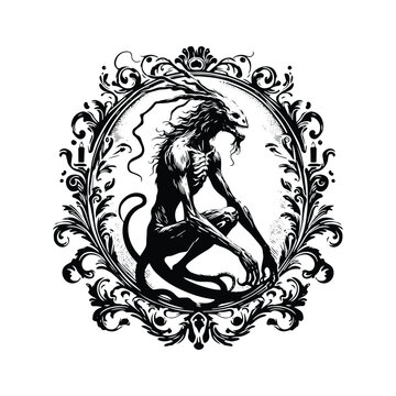 recommend clip art: Wendigo creature with victorian flourish, in black and white illustrations, cutout graphic