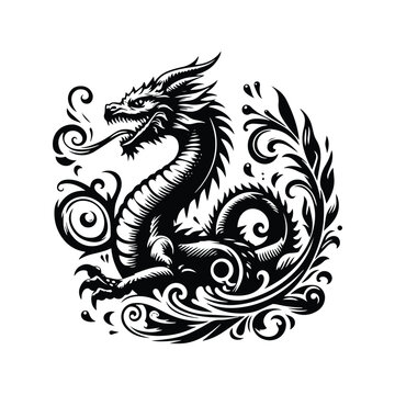 recommend clip art: water dragon with victorian flourish decoration in black and white illustrations, cutout graphic
