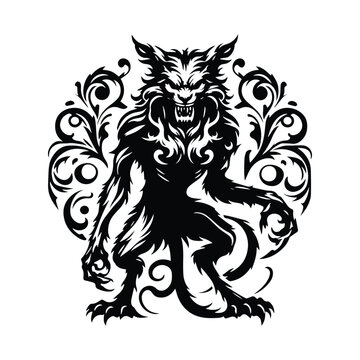 recommend clip art: Wendigo creature with victorian flourish decoration in black and white illustrations, cutout graphic