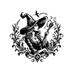 witch inside victorian flourish, in black and white illustrations, cutout graphic