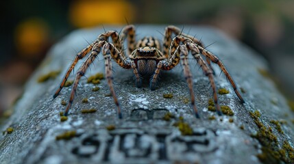 close-up of a spider crawling on a gravestone with detailed focus on its legs and the creepy texture of the stone in the cemetery