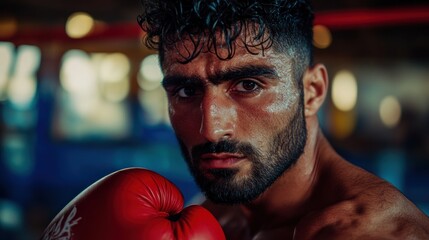 A focused boxer in a gym, ready for training, showcasing determination and strength.