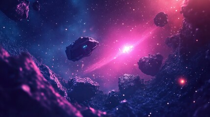 A vibrant cosmic scene featuring asteroids and a glowing nebula in deep space.