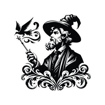 recommend clip art: wizard male with victorian flourish decoration in black and white illustrations, cutout graphic
