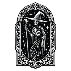Obraz premium wizard skeleton with victorian flourish, in black and white illustrations, cutout graphic