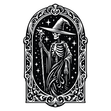 recommend clip art: wizard skeleton with victorian flourish, in black and white illustrations, cutout graphic