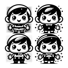 set funny boy cartoon black and white