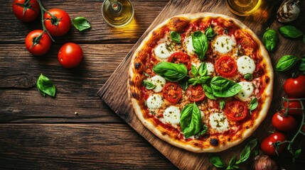 A delicious pizza topped with fresh tomatoes, mozzarella, and basil on a wooden board.