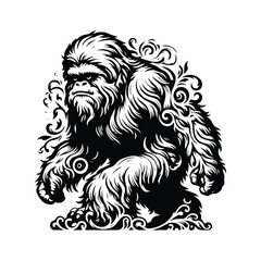 Fototapeta premium Yeti with victorian flourish decoration in black and white illustrations, cutout graphic