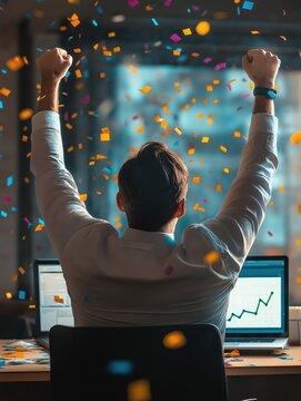 A businessman celebrates a significant achievement in a modern office, surrounded by confetti and data charts
