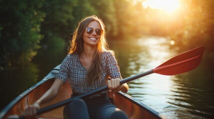 A woman enjoying kayaking on a serene river during sunset.