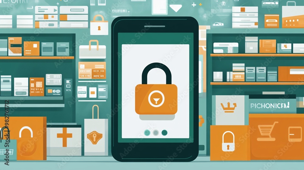 Aufkleber An illustration of a mobile payment app showing a secure checkout option and payment methods The vector art includes a padlock symbol and credit card icons to emphasize transaction safety while