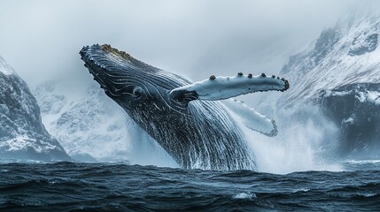 Fototapeta premium awe-inspiring moment as a humpback whale breaches the ocean’s surface creating a powerful splash and breathtaking marine adventure
