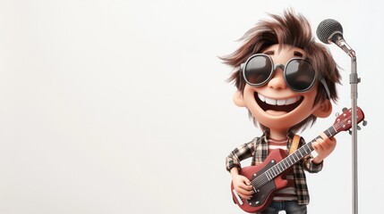 A cheerful animated character with sunglasses plays guitar at a microphone.