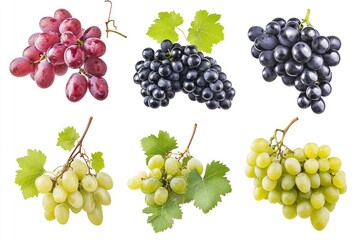 Set of various types of grapes (Black, white and red grape) with leaf flying isolated on white background , ai