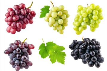 Obraz premium Set of various types of grapes (Black, white and red grape) with leaf flying isolated on white background , ai