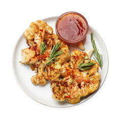 Delicious baked cauliflower steaks with sauce isolated on white, top view