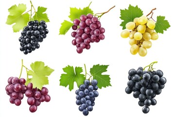 Set of various types of grapes (Black, white and red grape) with leaf flying isolated on white background , ai