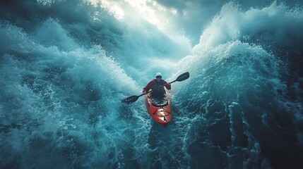 rough water adventure as kayaker paddles through ocean waves in an exciting marine journey full of skill and endurance