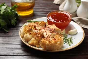 Delicious baked cauliflower steaks with sauce, garlic and rosemary on wooden table, closeup
