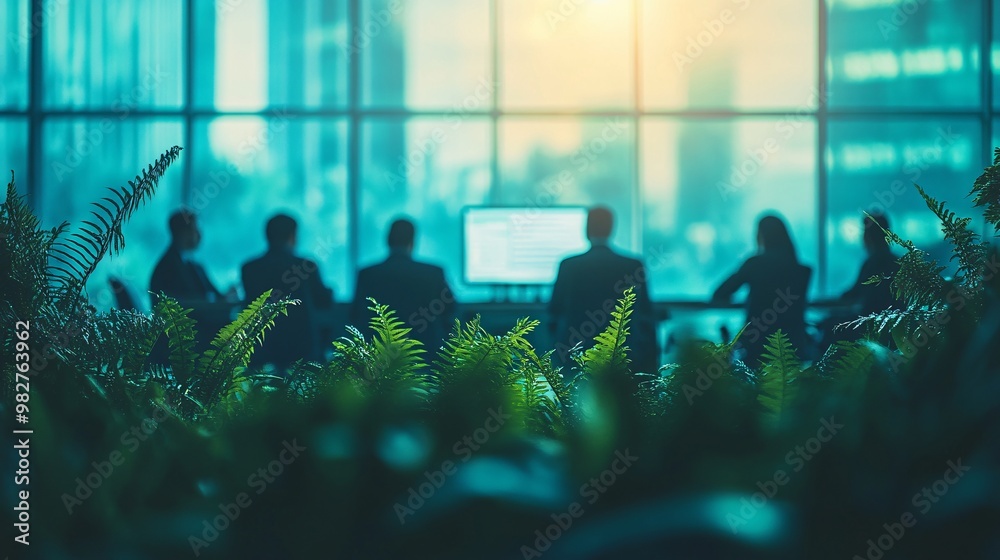 Aufkleber A diverse group of employees collaborating around a digital whiteboard in a modern office space. The scene is captured from a distance with a blurred object in the foreground, creating a hidden