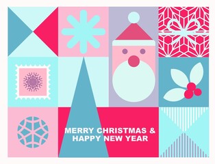 Merry Christmas and Happy New Year greeting poster(banner, card) made of cartoon Christmas and New Year elements in pastel colors with typography.Minimal digital image for cover, layout, poster, flyer