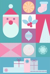 Merry Christmas and Happy New Year greeting poster(banner, card) made of cartoon Christmas and New Year elements in pastel colors with typography.Minimal digital image for cover, layout, poster, flyer