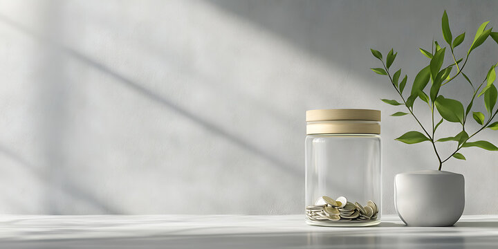 A glass jar filled with coins sits on a white countertop, next to a small plant in a white pot.