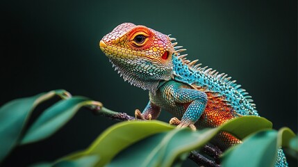 Fototapeta premium perched lizard on a tree branch showcasing intricate details and vibrant colors in a natural outdoor environment with sunlight