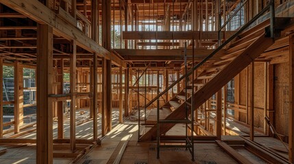 Fototapeta premium Interior view of a wooden construction site featuring frames and a staircase.