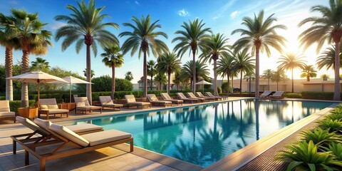Fototapeta premium Luxury hotel poolside with palm trees and sun loungers, luxury, hotel, poolside, palm trees, sun loungers, vacation