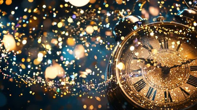 A close-up of a clock striking midnight with golden confetti and streamers falling around, symbolizing the arrival of New Year 2025 in a lively and vibrant manner.