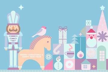 Merry Christmas and Happy New Year greeting poster(banner, card) made of cartoon Christmas and New Year elements in pastel colors with typography.Minimal digital image for cover, layout, poster, flyer