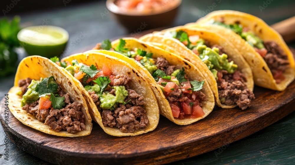 Canvas Prints A platter of delicious beef tacos garnished with fresh ingredients and served with lime.