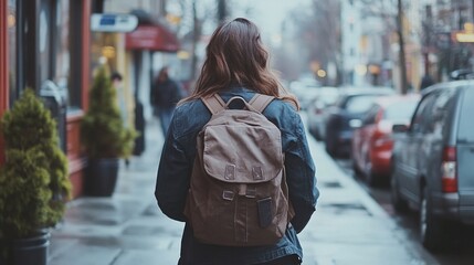 Fototapeta premium casual city stroll as woman walks down sidewalk carrying backpack on an outdoor journey through the urban streets