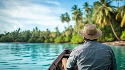 A person in a boat surrounded by lush greenery and calm waters, enjoying nature.