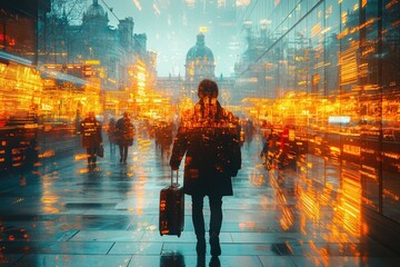 Fototapeta premium Blurred crowd people walking in train station. Double exposure. Business abstract background. Technology wallpaper