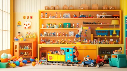 A colorful toy display featuring various figures, vehicles, and playsets for children's entertainment.