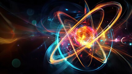 Obraz premium A vibrant depiction of an atom surrounded by colorful energy waves, symbolizing science and innovation.