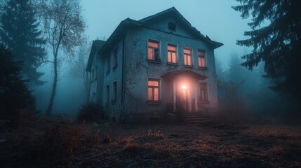 A haunting, fog-covered house with glowing windows in a mysterious forest setting.