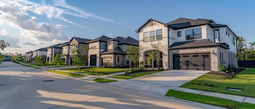 Suburban American neighborhood street with row of brand new two story residential houses in Humble, Texas, US. Newly constructed, freshly built modern home with landscaped yard.