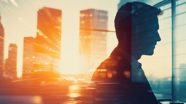 Silhouette of business people work together in office. Concept of teamwork and partnership. double exposure with light effects