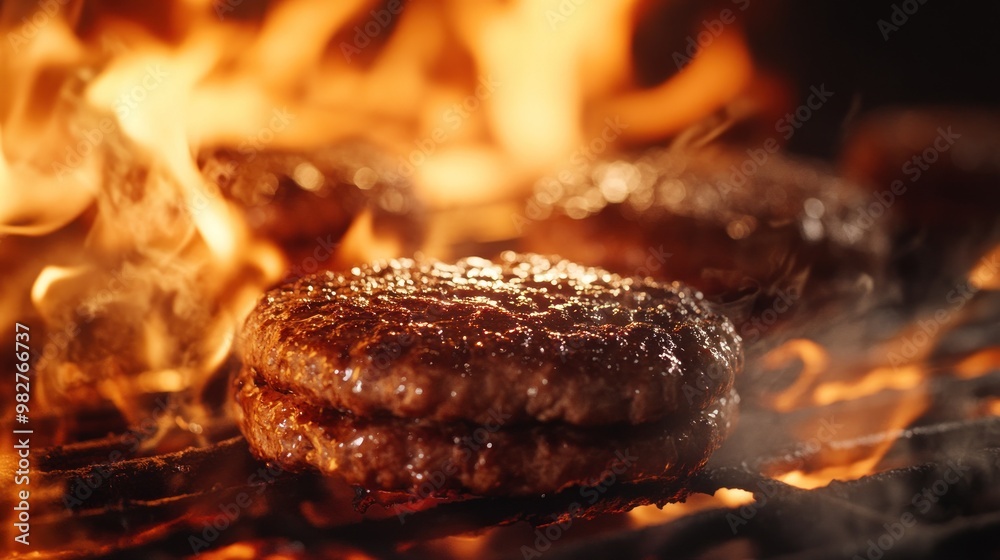 Wall mural Juicy burgers sizzling on a grill amidst flames, showcasing a delicious cooking scene.