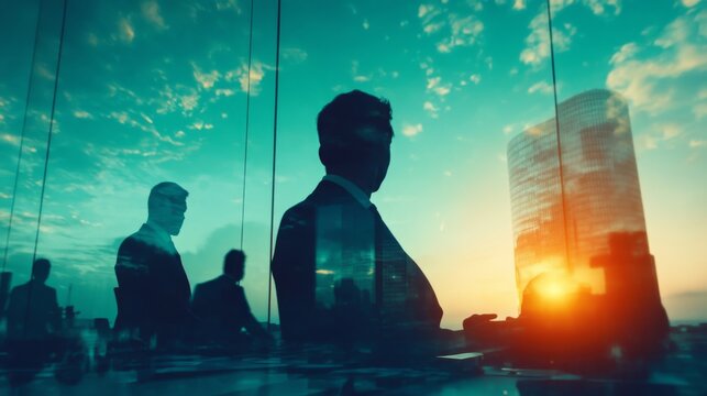 Silhouette of business people work together in office. Concept of teamwork and partnership. double exposure with light effects - Powered by Adobe