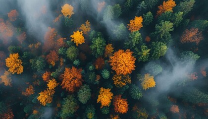 a view from above by a quadcopter, autumn comes - the green forest begins to turn yellow. The forest is in a fog