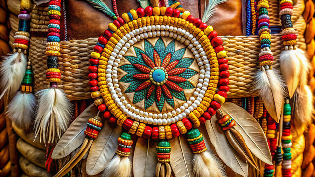 Intricately woven Native American beadwork decorates a traditional leather pouch, adorned with vibrant feathers, shells, and colorful threads, symbolizing cultural heritage and tribal identity.
